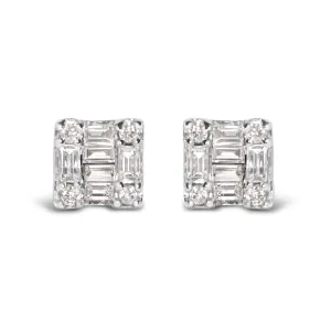 10K White Gold 1/7 Cttw Round and Baguette Diamond Mosaic Square Stud Earrings (H-I Color, I1-I2 Clarity)