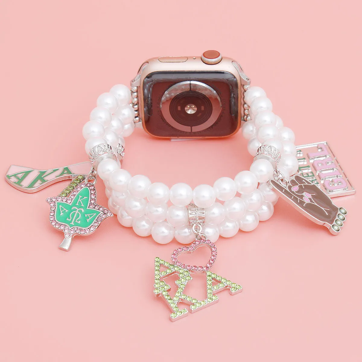 AKA Watch Band Alpha Kappa Alpha Sorority Inspired White Pearl Apple Watch Band for Women