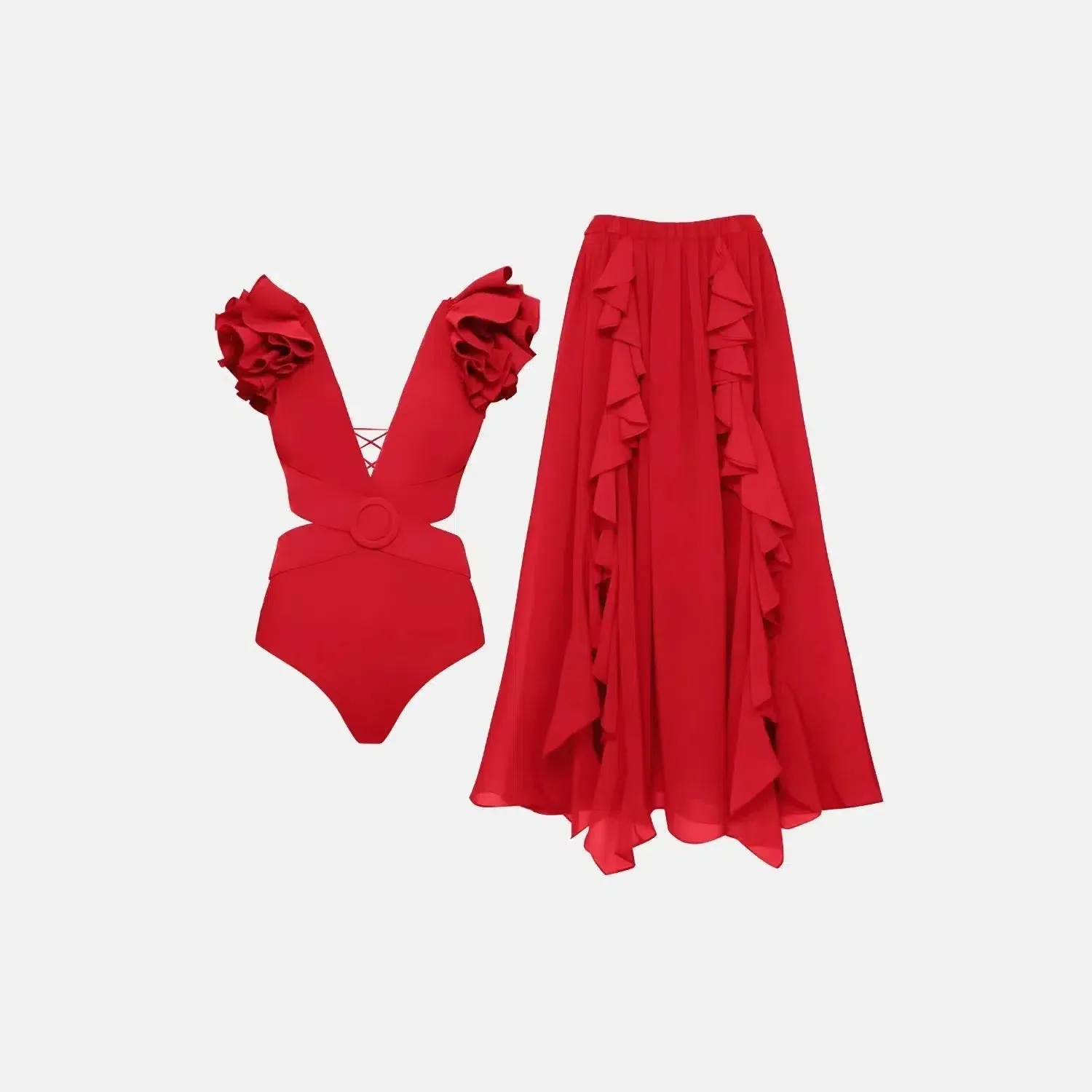 Amour Set – Pink – Ruffled swimsuit and long skirt