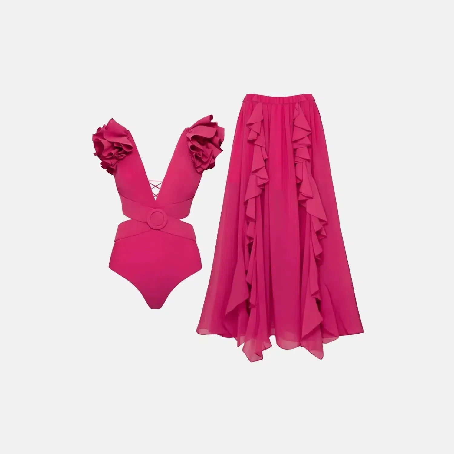 Amour Set – Pink – Ruffled swimsuit and long skirt