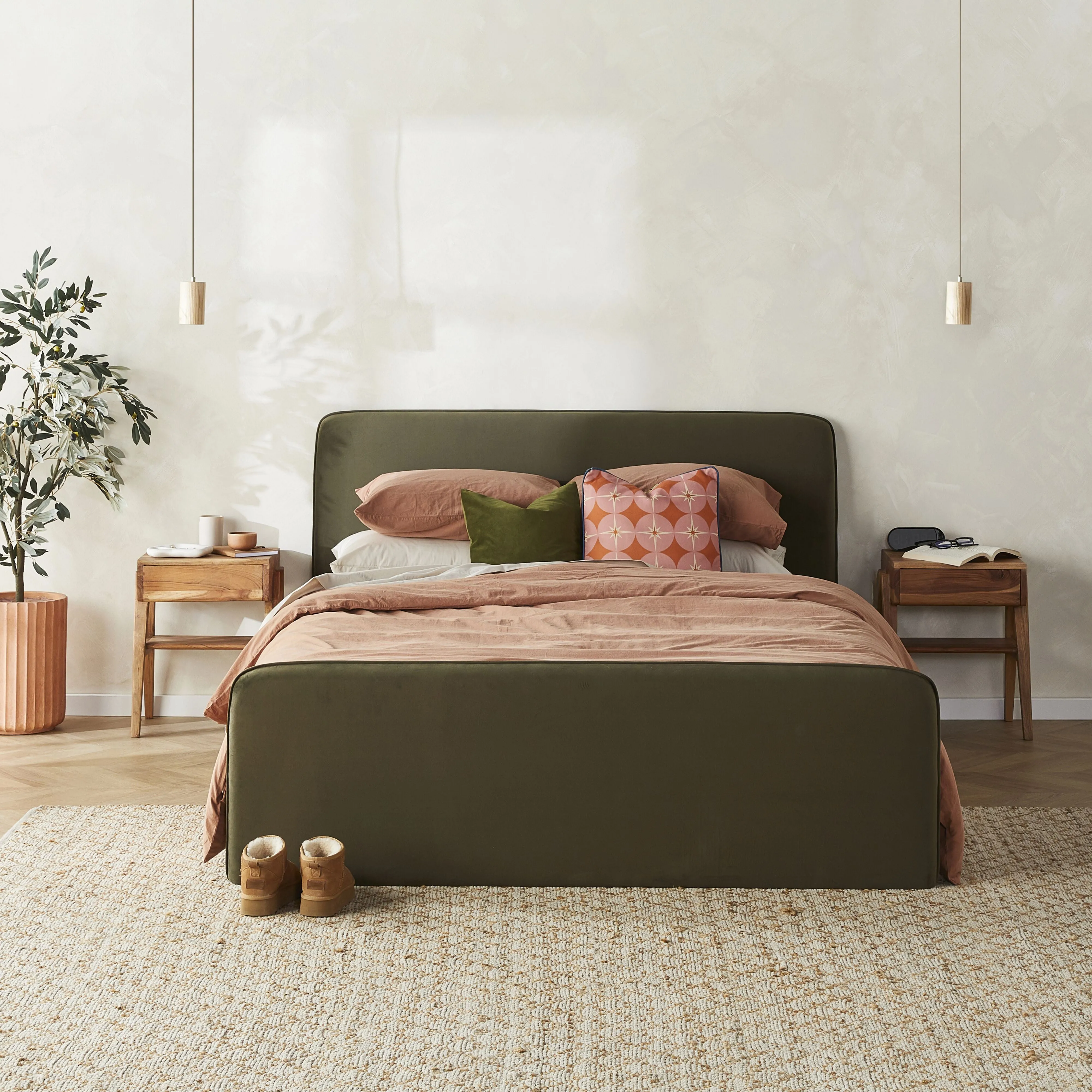 Audrey Queen Bed Moss Green Velvet