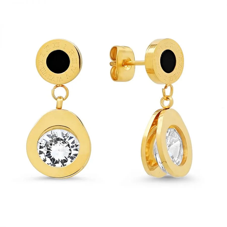 Beautiful Round Disc Black Enamel With Roman Numerals CZ Drop Gold Tone Steel Earrings