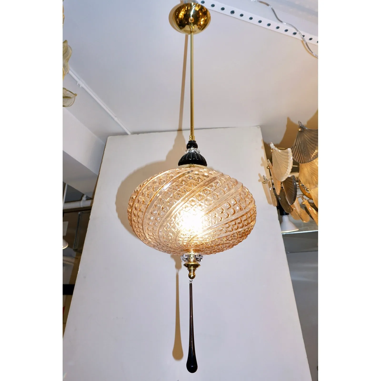 Bespoke Italian Horizontal Oval Black and Pink Murano Glass Brass Pendant Light