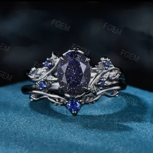 Black Gold Engagement Ring 1.5CT Oval Nature Inspired Starry Sky Galaxy Blue Sandstone Wedding Ring Set Cluster Blue Sapphire Bridal Sets