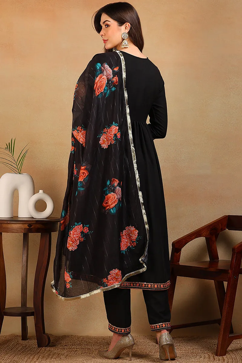 Black Silk Blend Solid Embroidered Flared 3-Piece Kurta Set