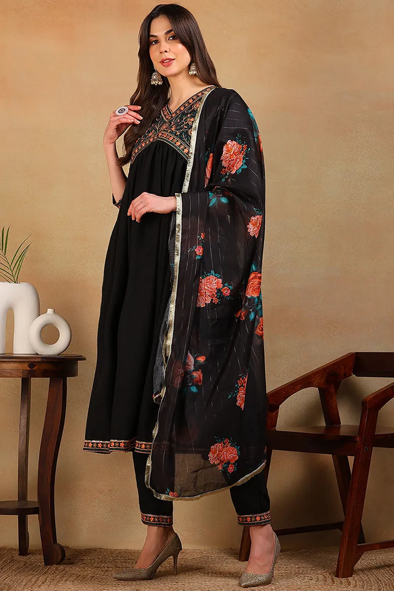 Black Silk Blend Solid Embroidered Flared 3-Piece Kurta Set