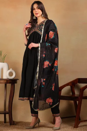 Black Silk Blend Solid Embroidered Flared 3-Piece Kurta Set