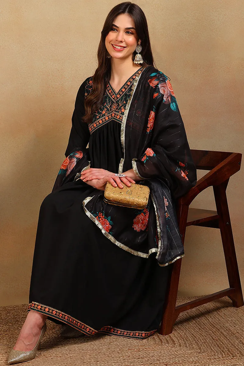 Black Silk Blend Solid Embroidered Flared 3-Piece Kurta Set