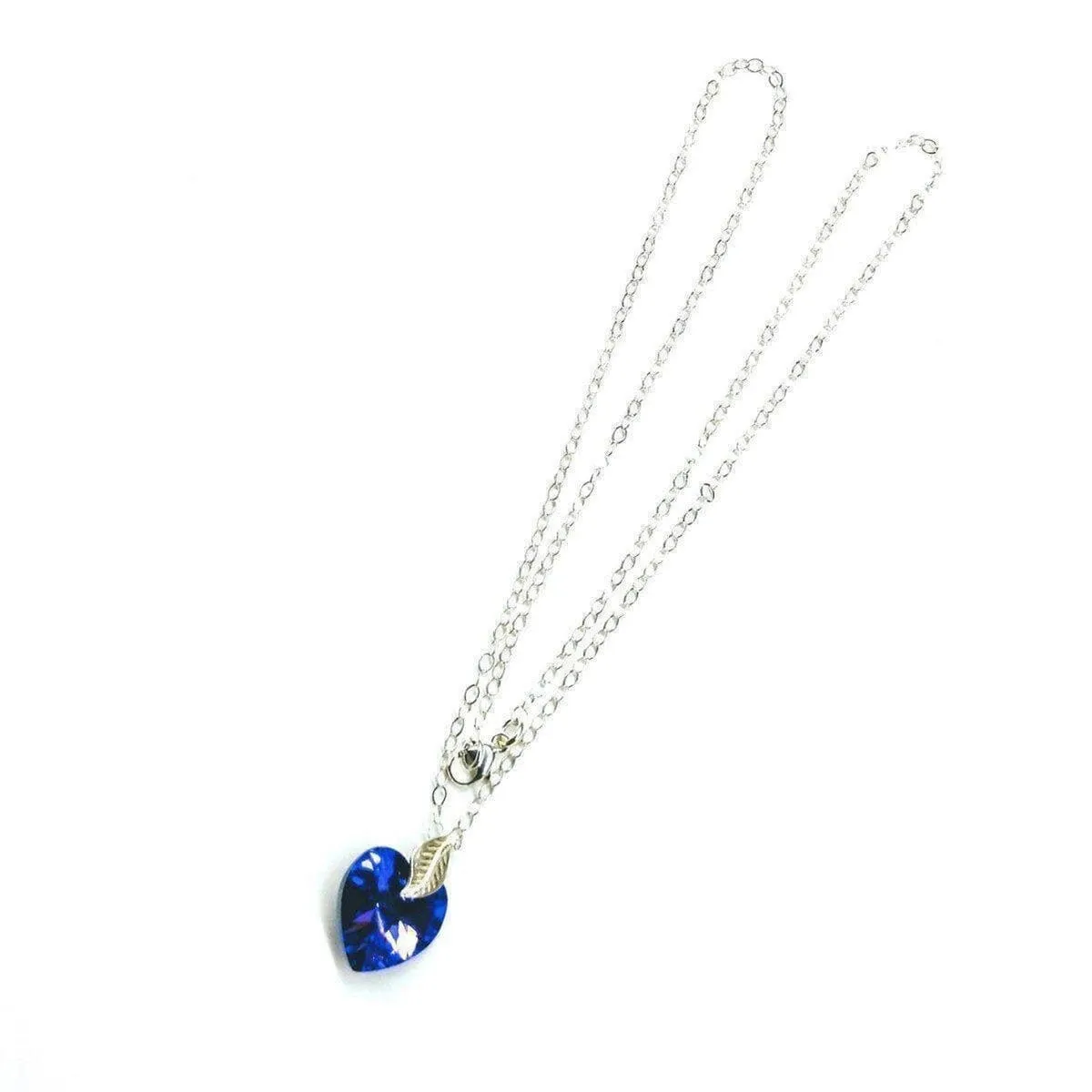 Blue Azure Crystal Heart Silver Leaf Necklace