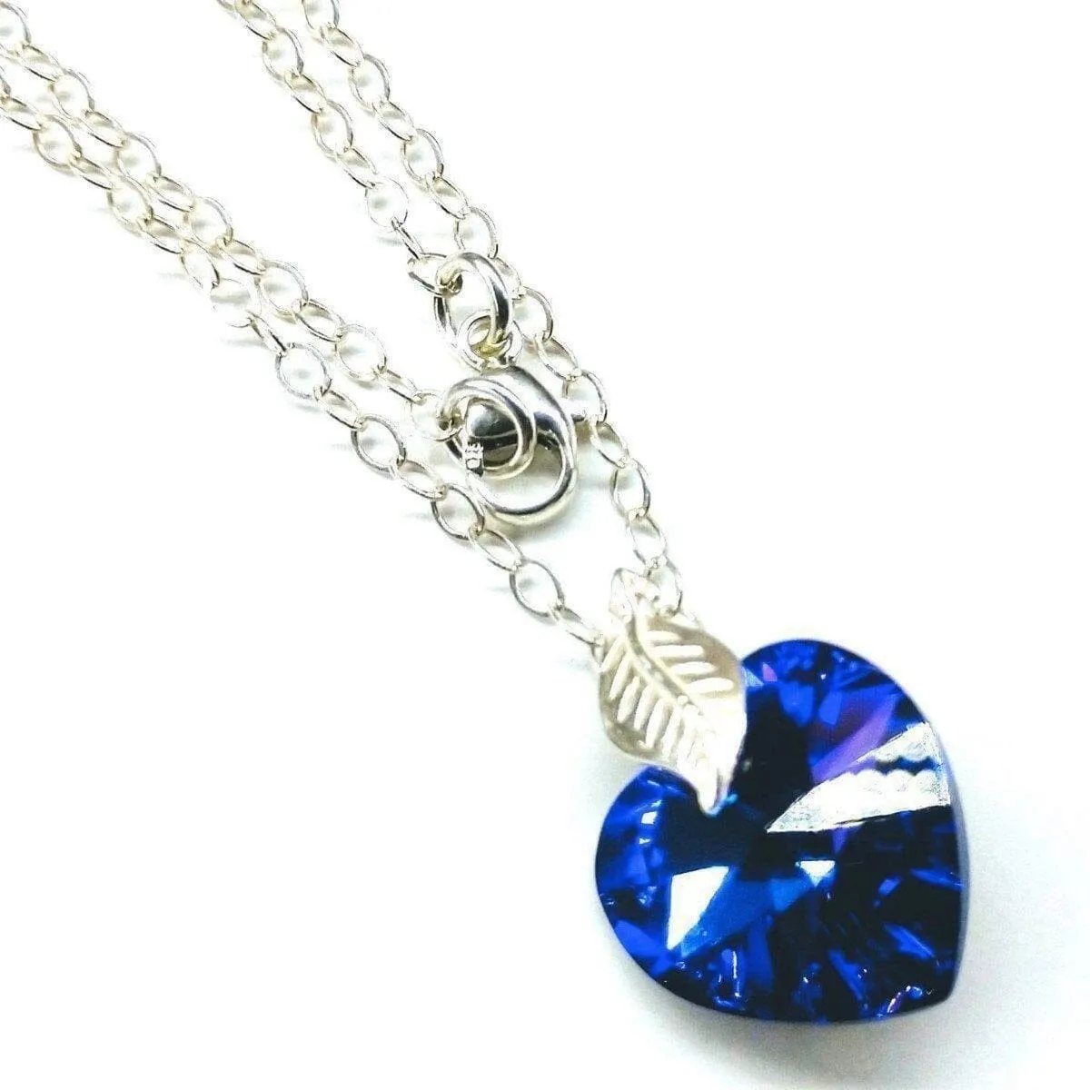 Blue Azure Crystal Heart Silver Leaf Necklace