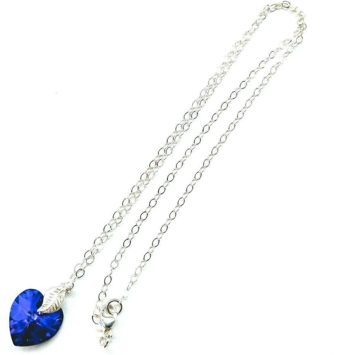 Blue Azure Crystal Heart Silver Leaf Necklace