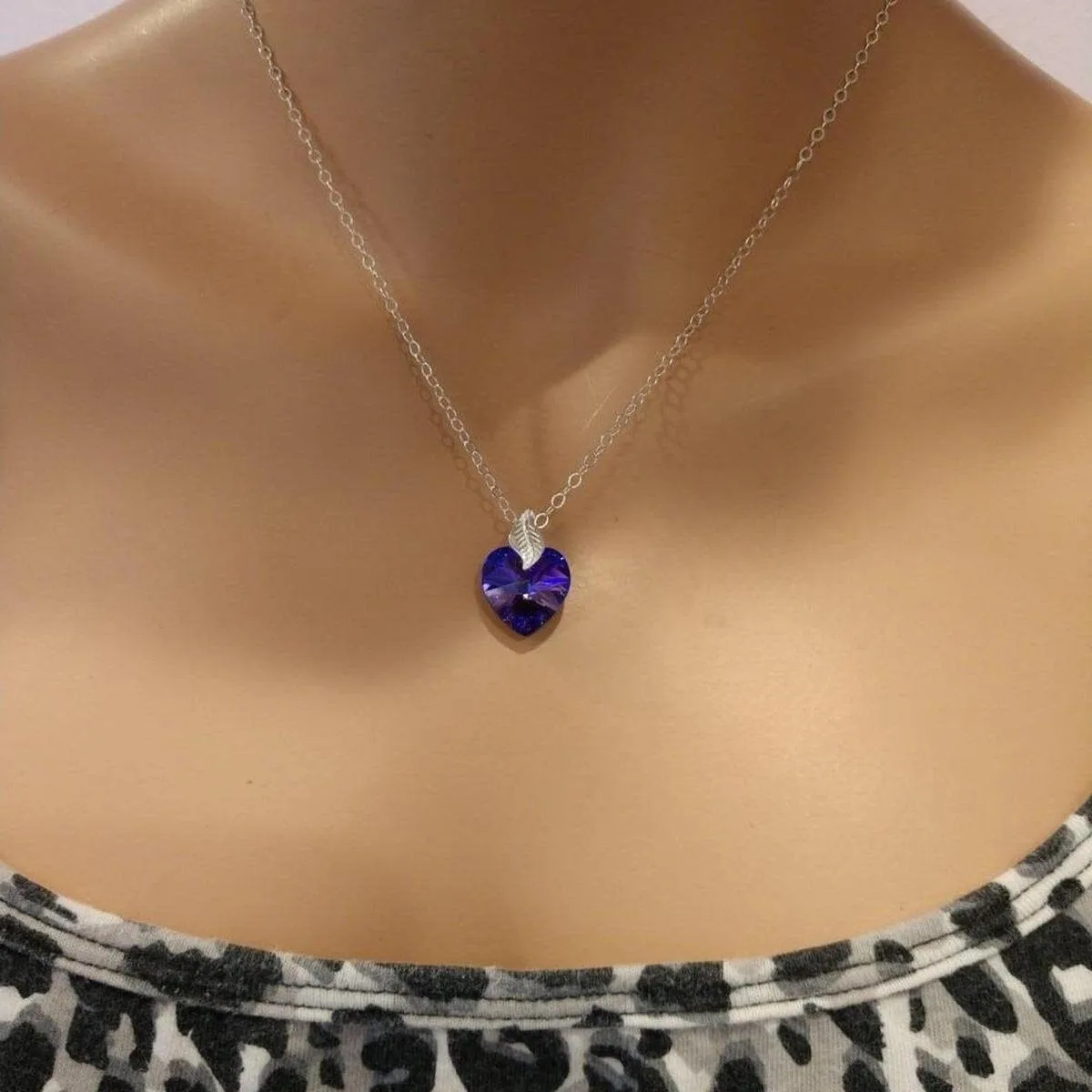 Blue Azure Crystal Heart Silver Leaf Necklace