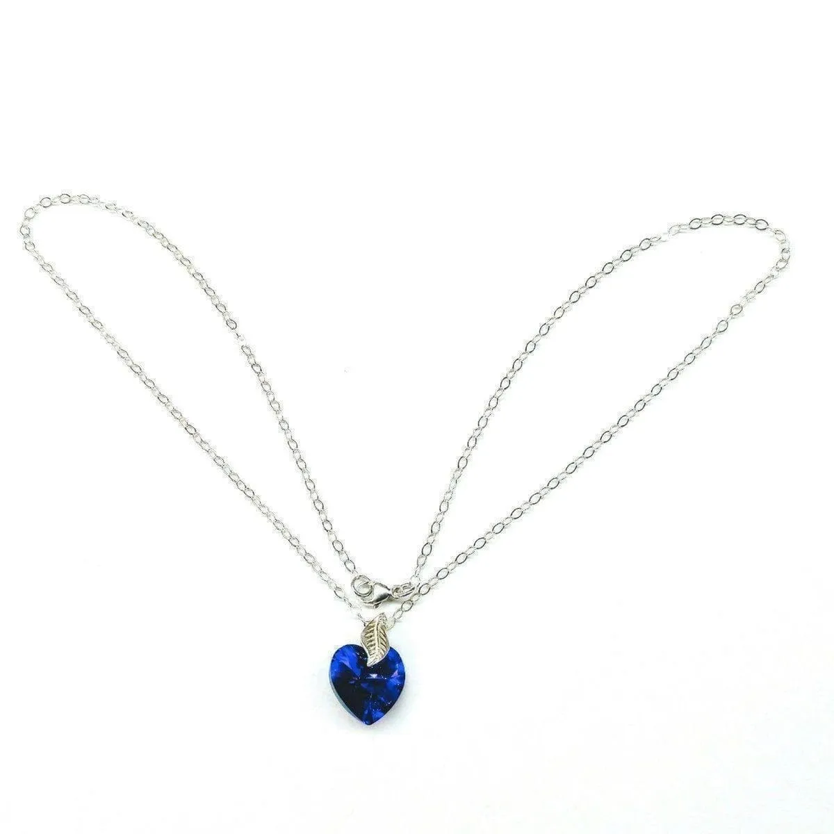 Blue Azure Crystal Heart Silver Leaf Necklace