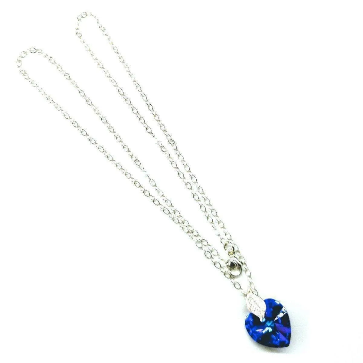 Blue Azure Crystal Heart Silver Leaf Necklace