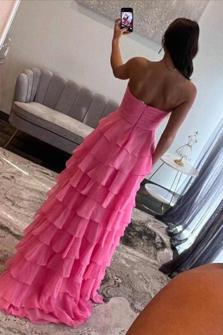 Cinizia | Chiffon Fuchsia Sweetheart Tiered Ruffles Prom Dress with Slit