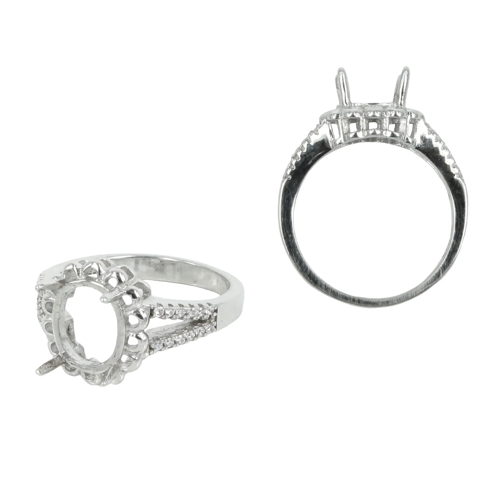 Dolly Ring Setting with CZ's and Oval Prongs Mounting in Sterling Silver 7.5x9mm