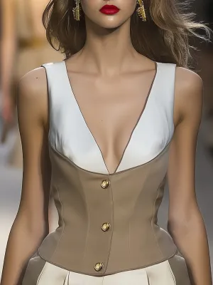 Elegant and Fashionable Beige and White Sleeveless Top
