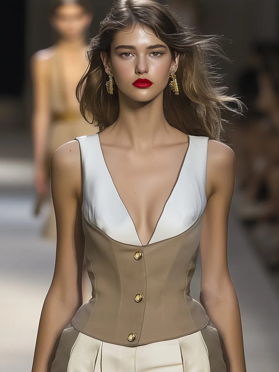 Elegant and Fashionable Beige and White Sleeveless Top