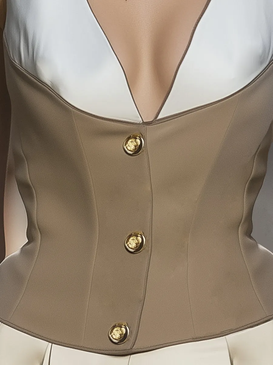 Elegant and Fashionable Beige and White Sleeveless Top