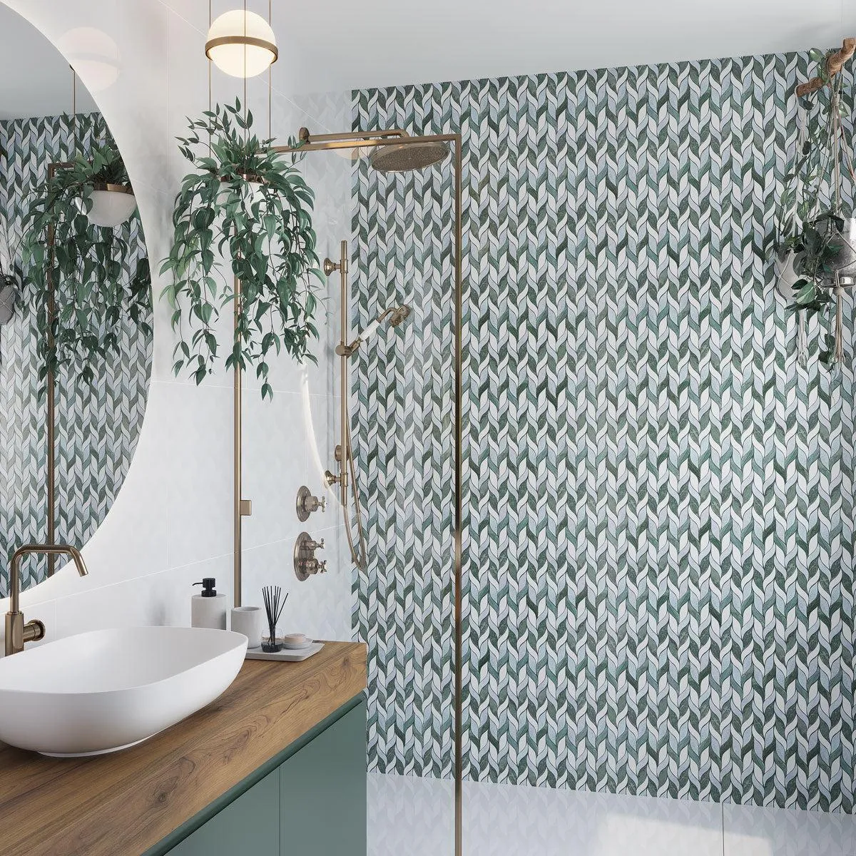 Envy Green and White Leaf Marble Mosaic Tile