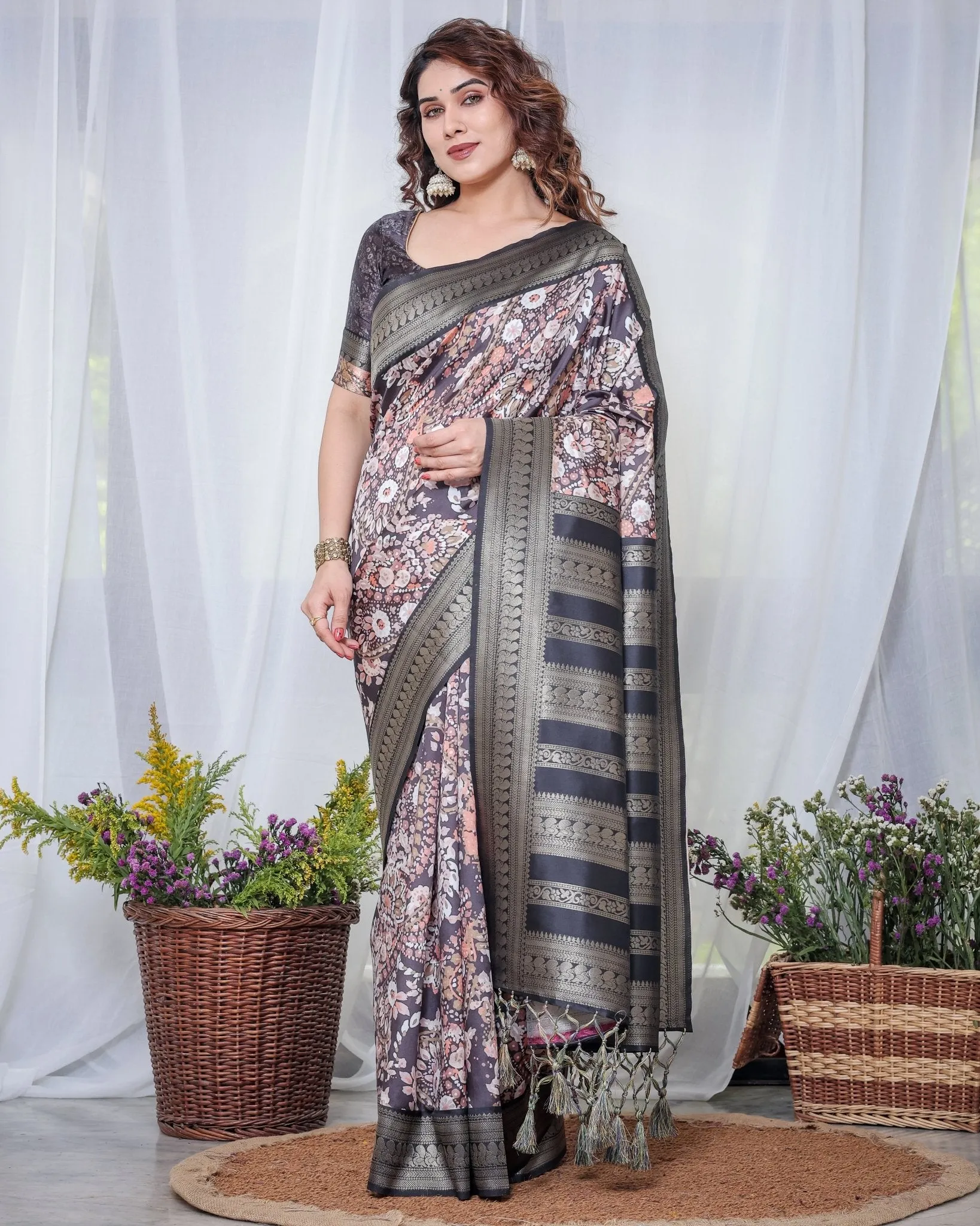 Exquisite Black and Pink Floral Banarasi Silk Saree with Intricate Tassels