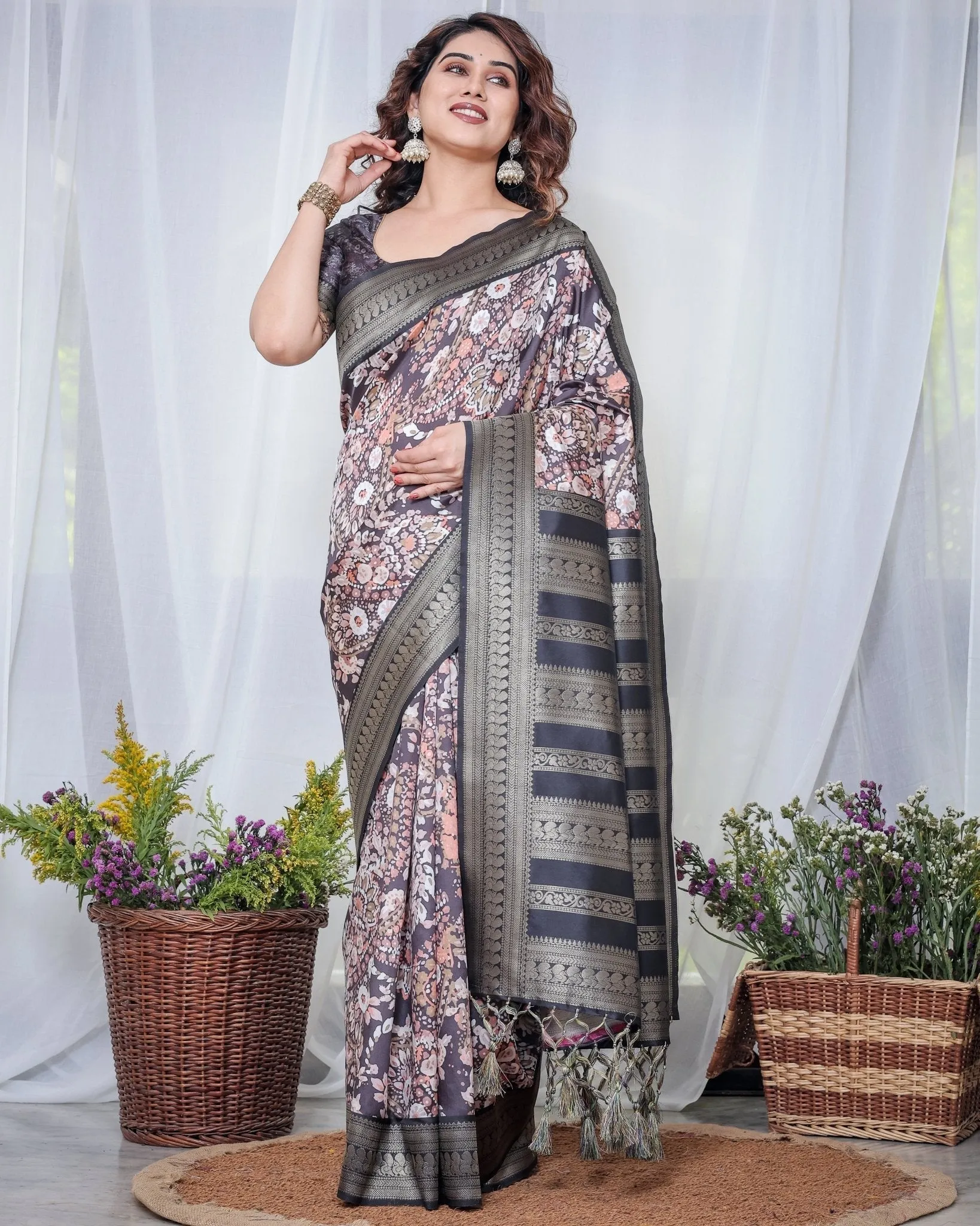 Exquisite Black and Pink Floral Banarasi Silk Saree with Intricate Tassels