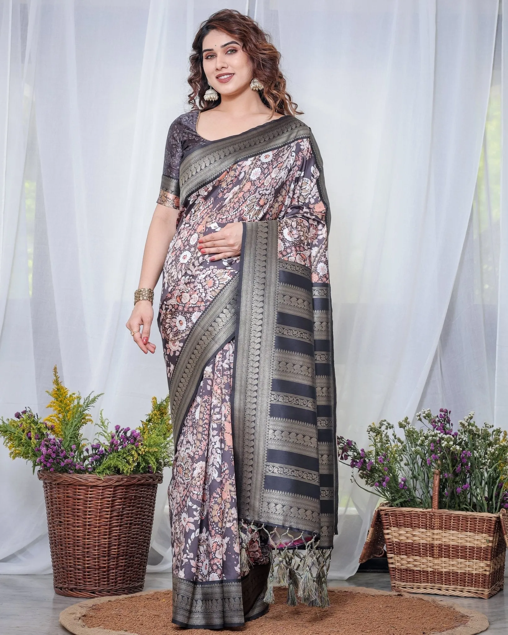 Exquisite Black and Pink Floral Banarasi Silk Saree with Intricate Tassels