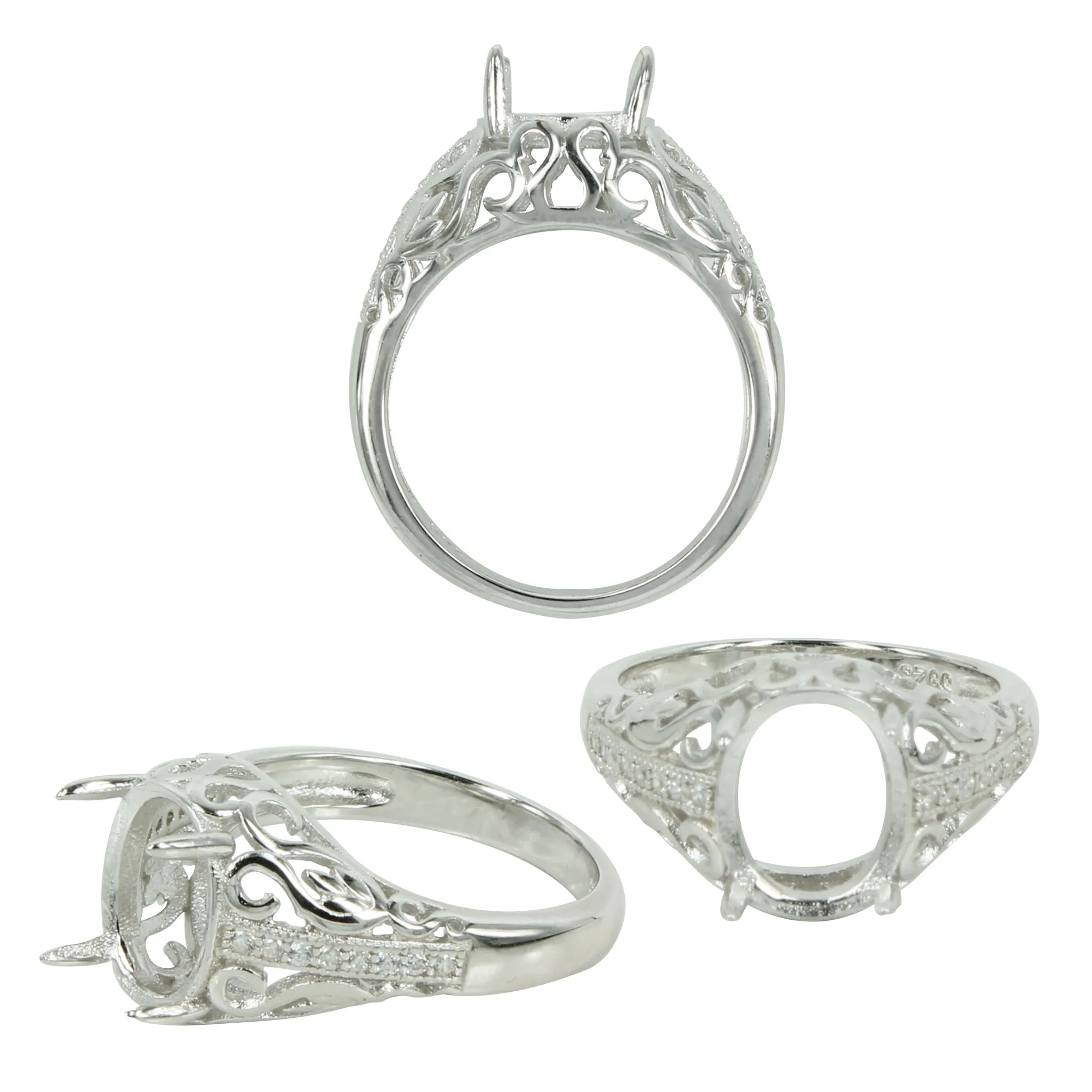 Filigree Gallery Ring in Sterling Silver for 8x10mm Oval Stones