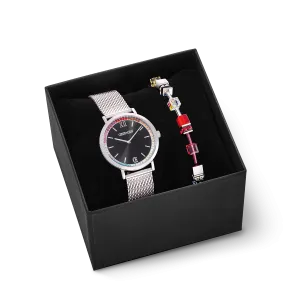 Gift Set Watch Round Sparkling Rainbow Sunray Black & GeoCUBE® Iconic bracelet red-green