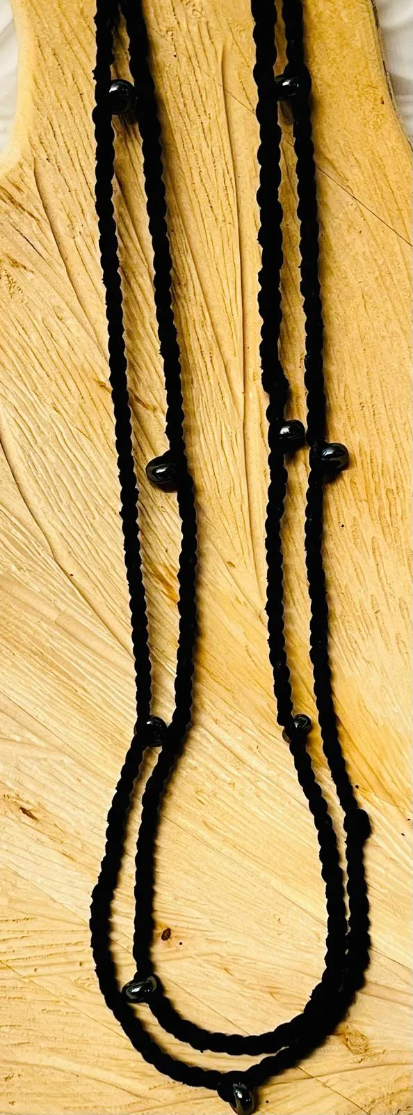 Hematite and Charcoal Reclaimed Fabric Cordage Necklace