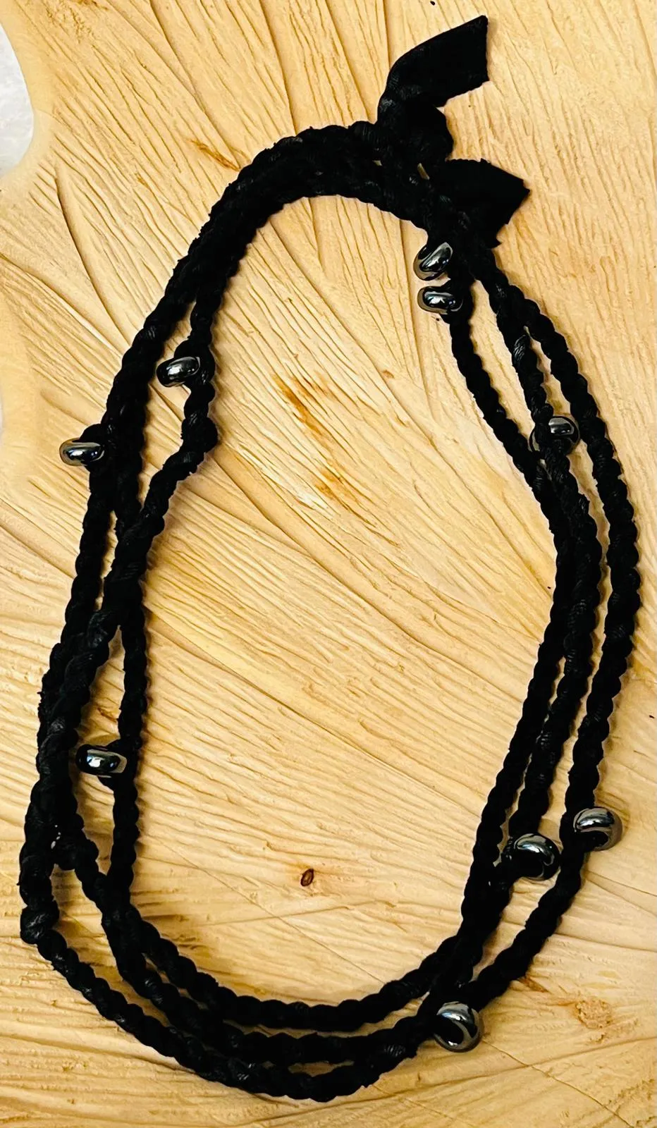 Hematite and Charcoal Reclaimed Fabric Cordage Necklace