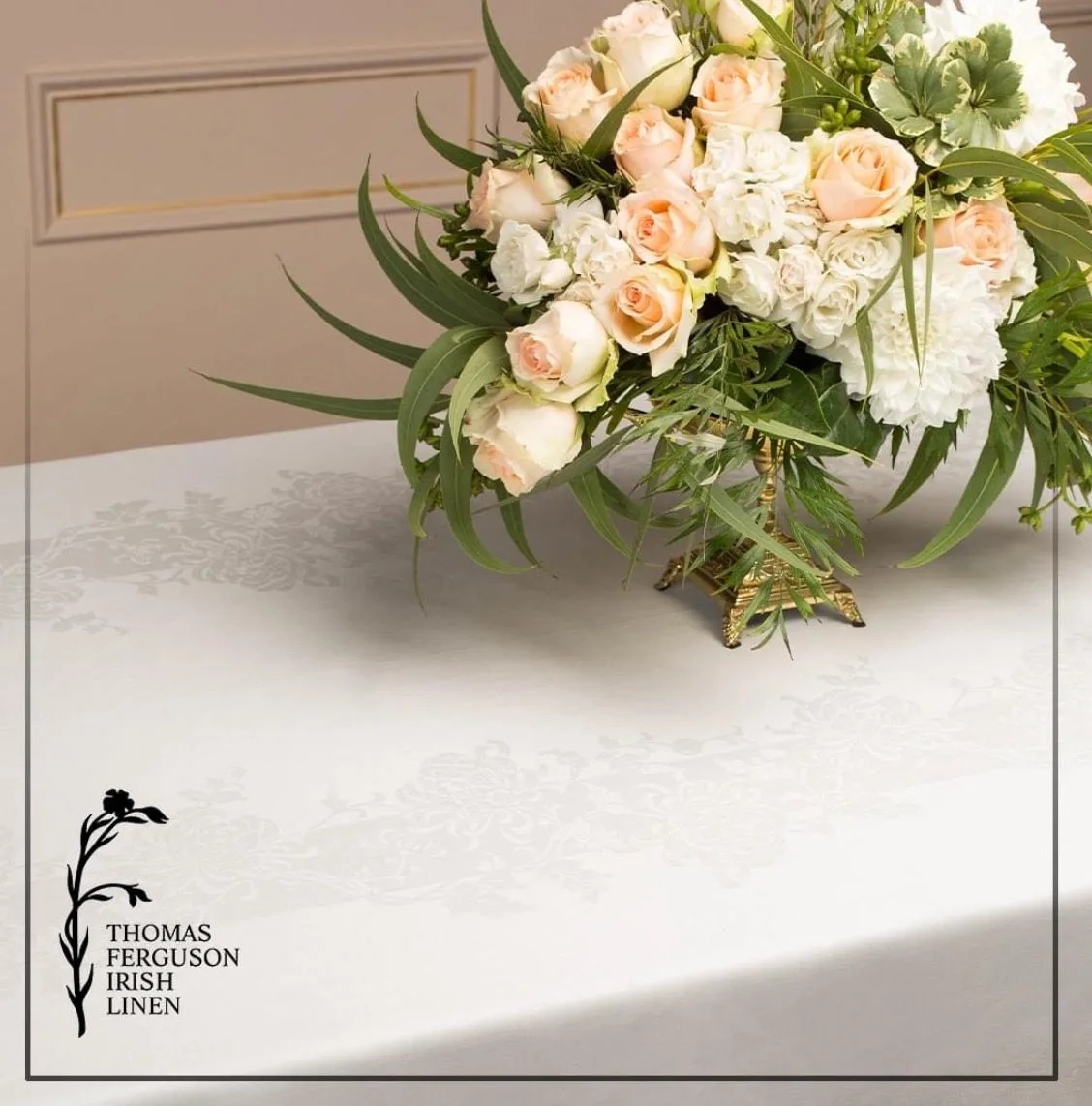 Irish Damask Linen Tablecloth - Chrysanthemum Design (White)
