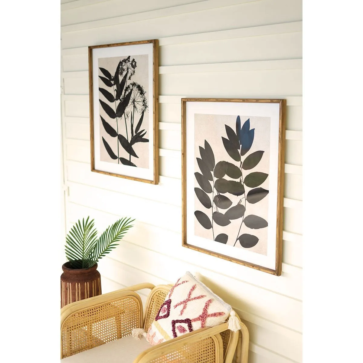 Kalalou - SET OF TWO LEAF PRINTS UNDER GLASS WITH NATURAL FRAME - CHH1316