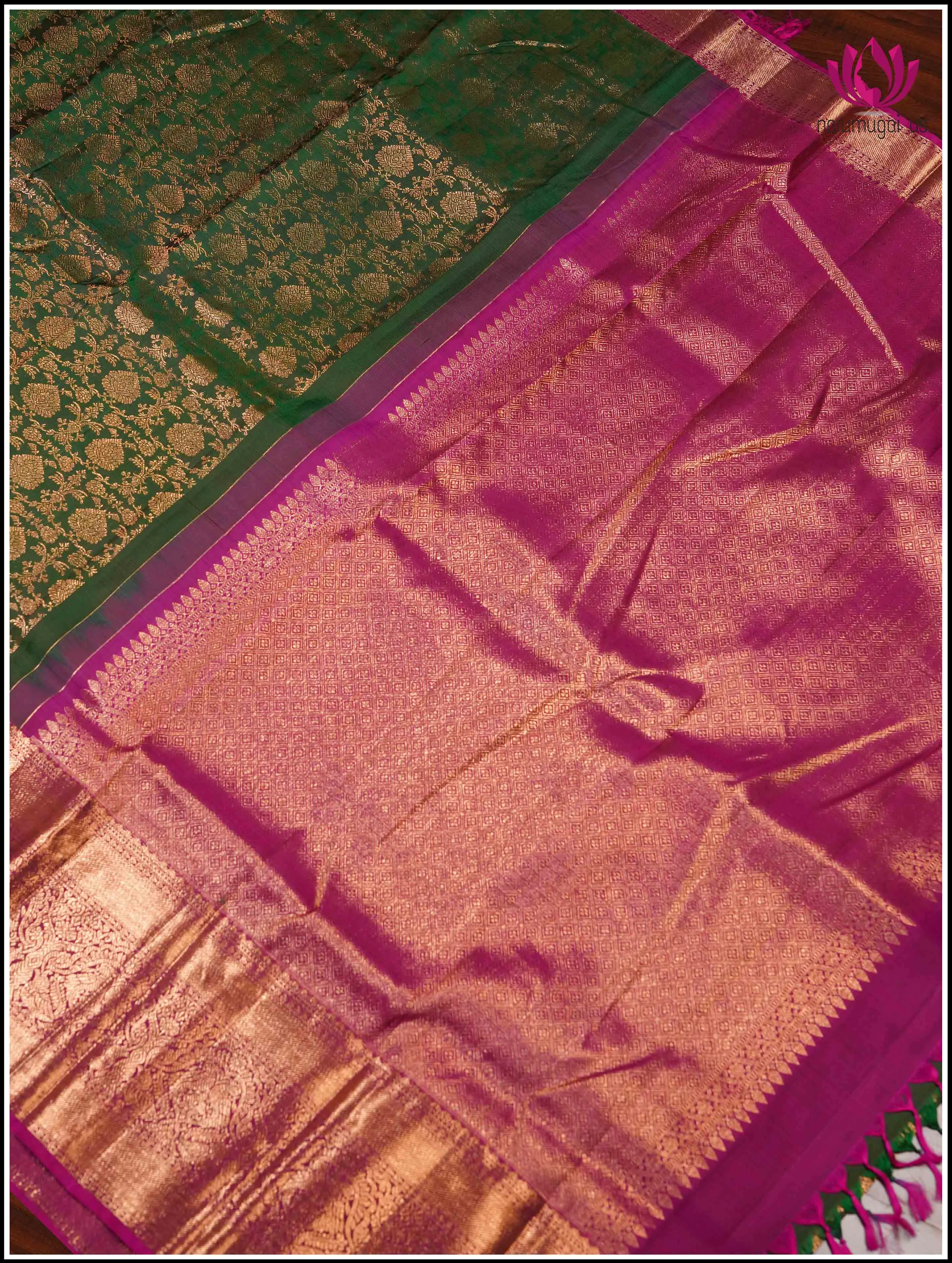 Kanchipuram Silk Saree in Green and Pink with Floral Brocade - Silkmark Certified