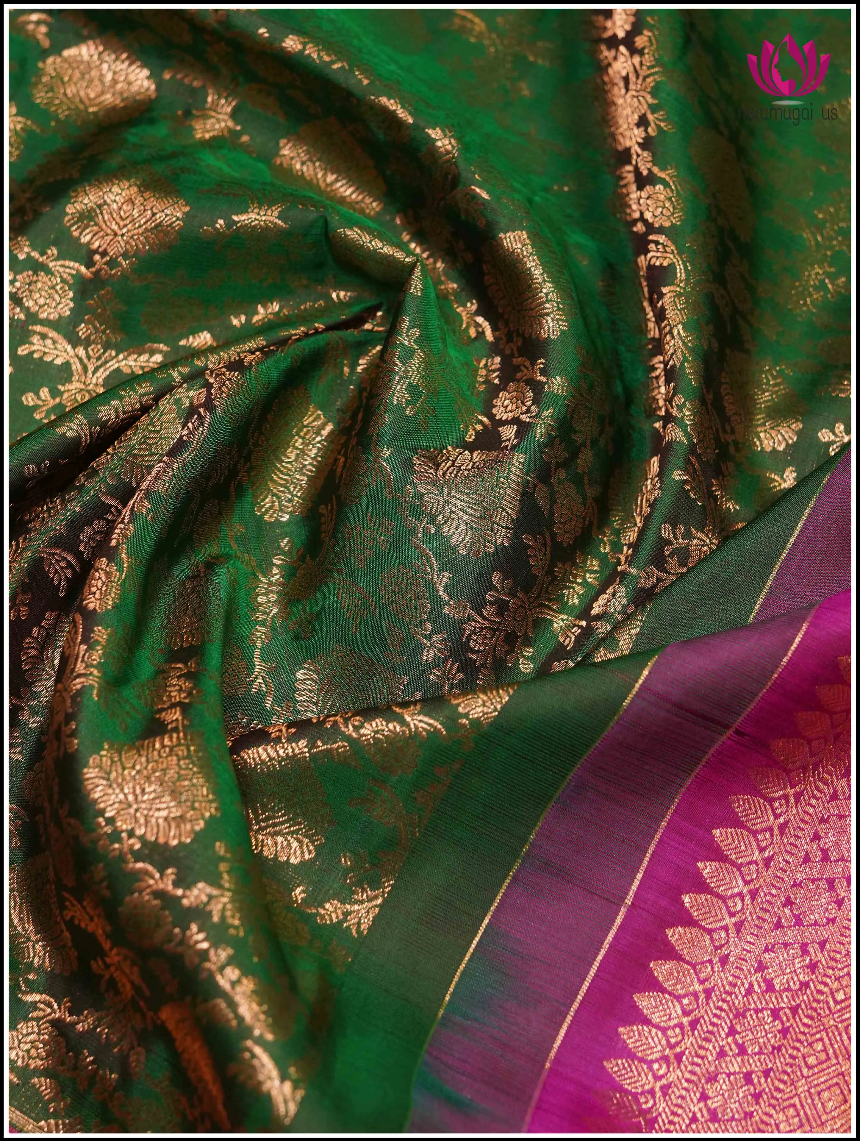 Kanchipuram Silk Saree in Green and Pink with Floral Brocade - Silkmark Certified