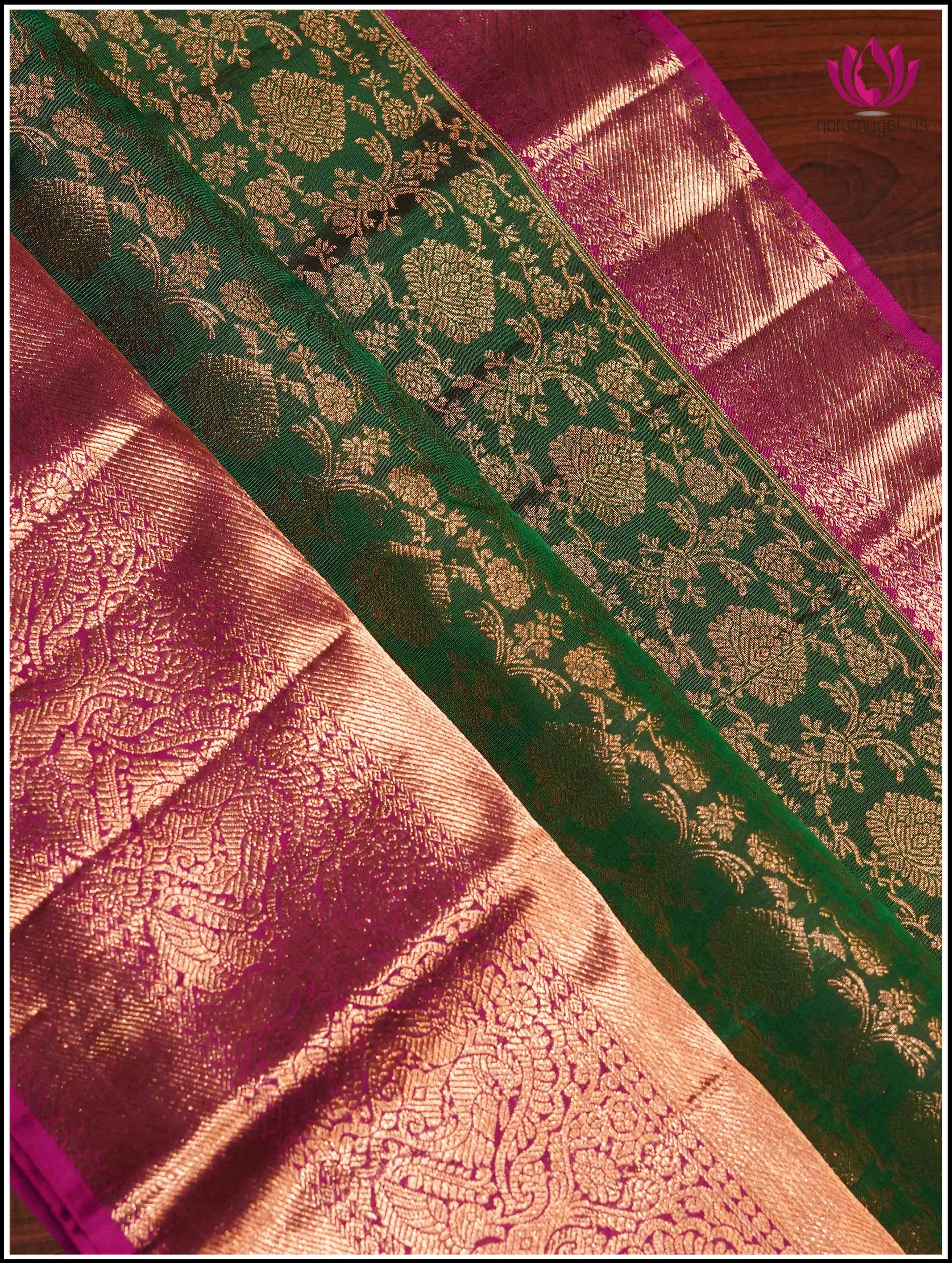 Kanchipuram Silk Saree in Green and Pink with Floral Brocade - Silkmark Certified