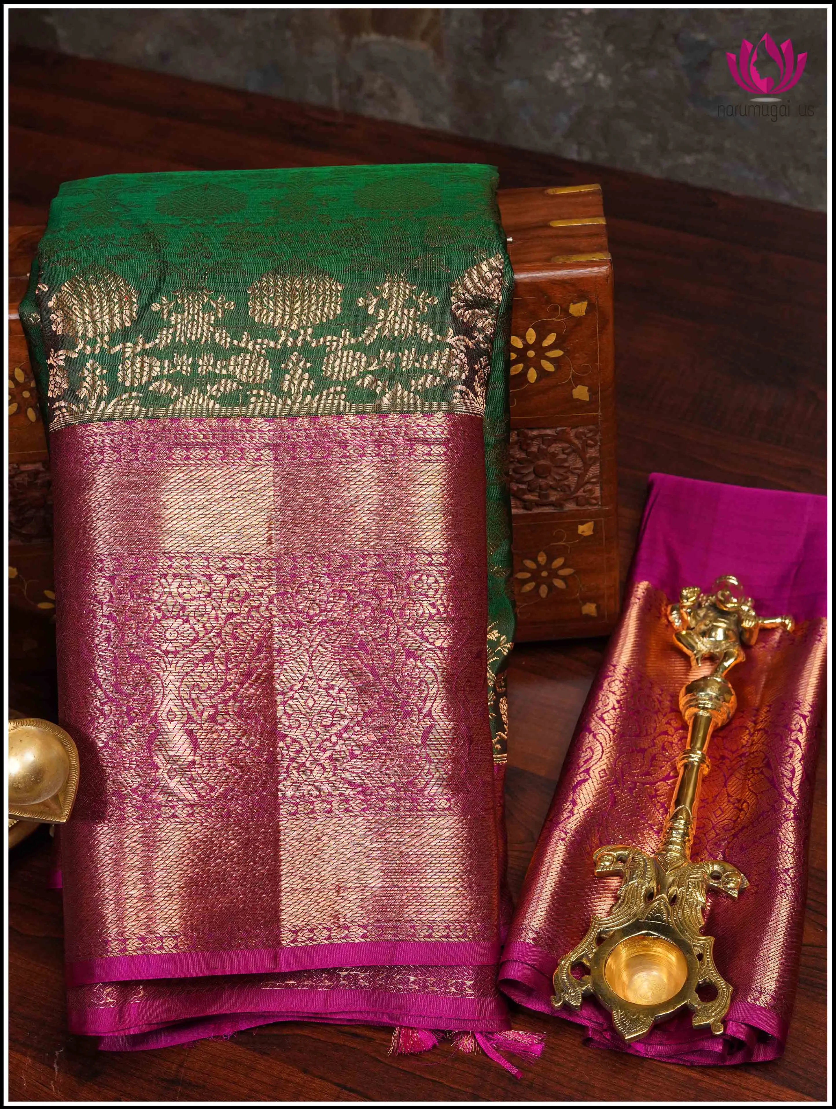 Kanchipuram Silk Saree in Green and Pink with Floral Brocade - Silkmark Certified