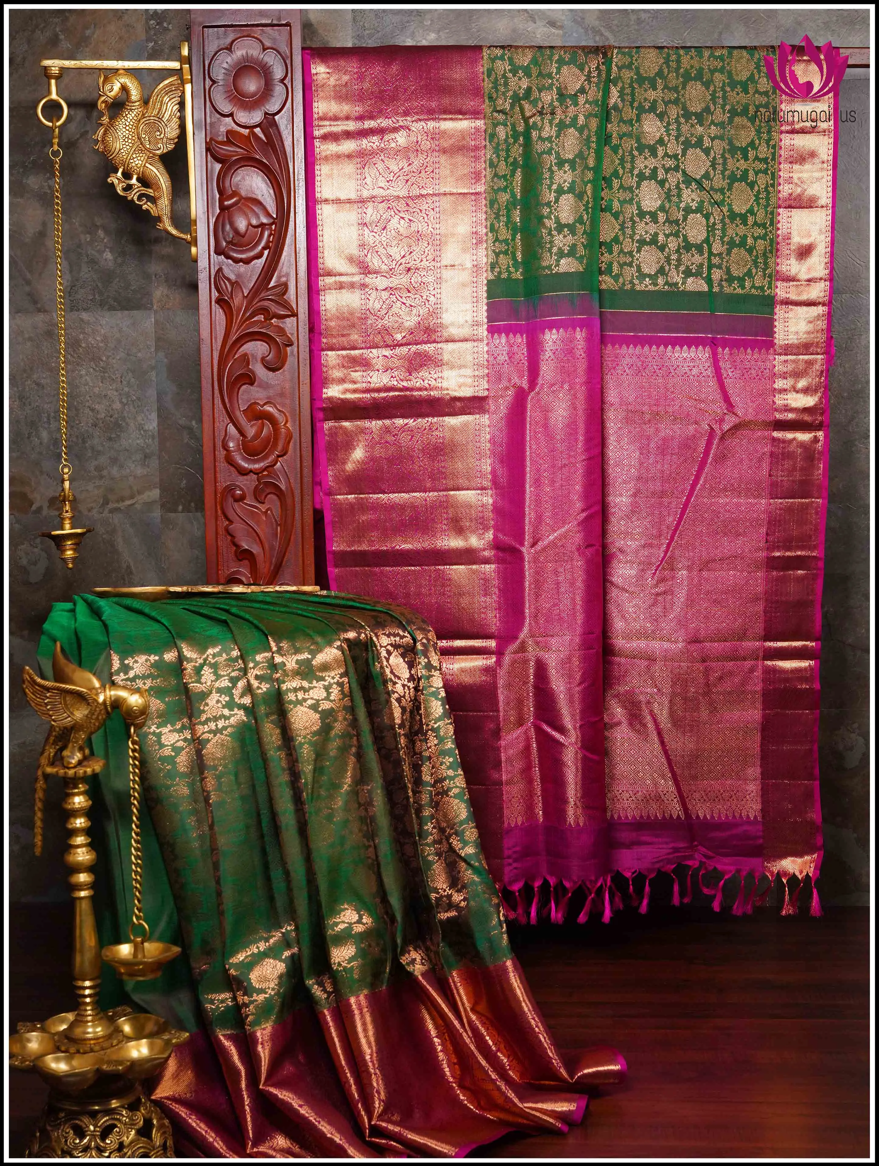 Kanchipuram Silk Saree in Green and Pink with Floral Brocade - Silkmark Certified
