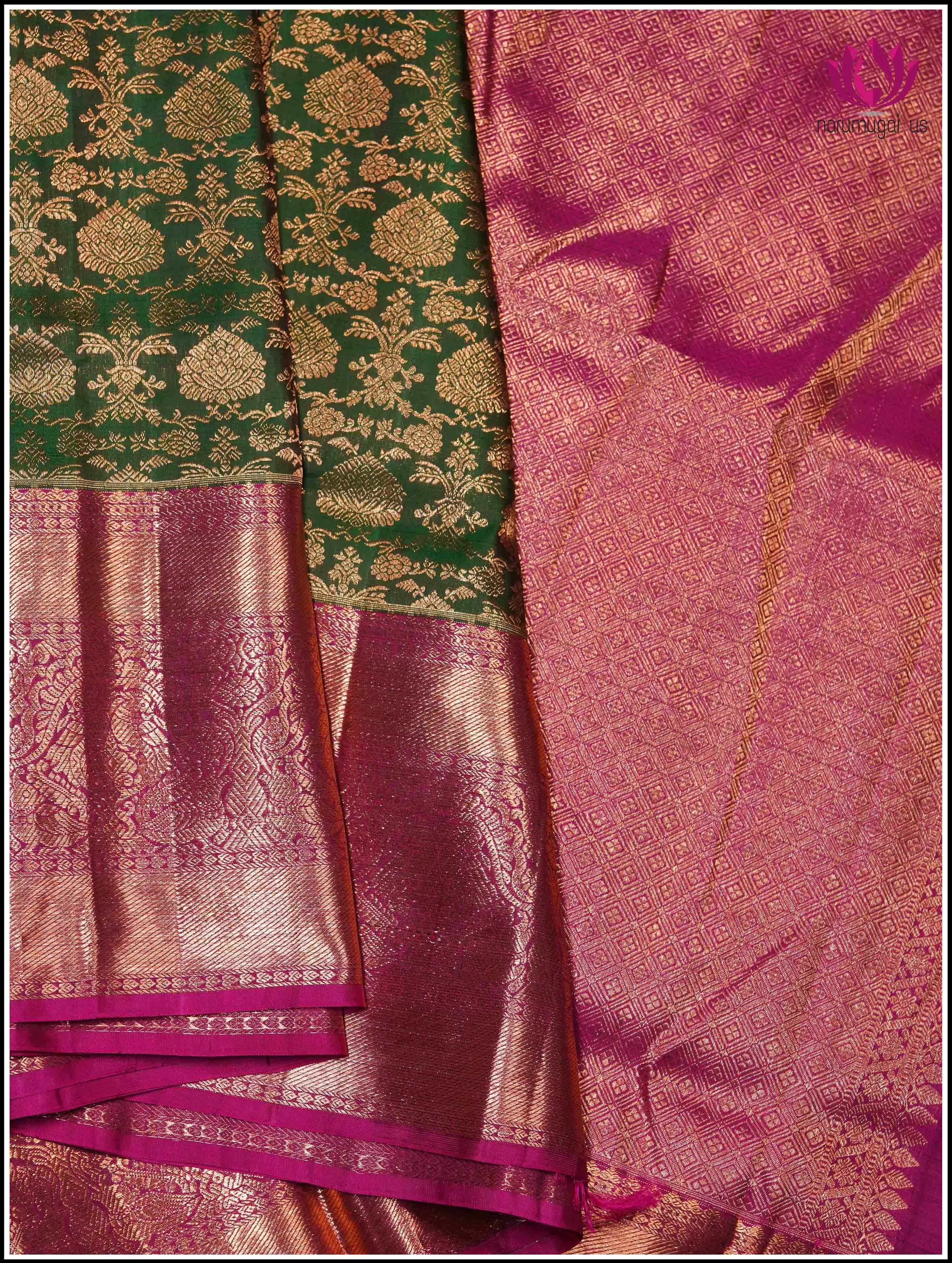 Kanchipuram Silk Saree in Green and Pink with Floral Brocade - Silkmark Certified