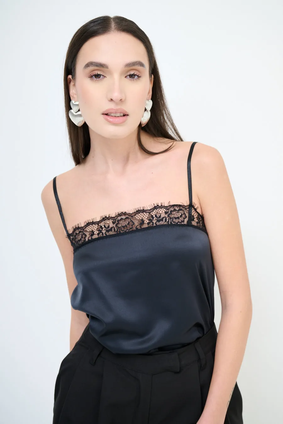 Lace trim satin camisole top wholesale