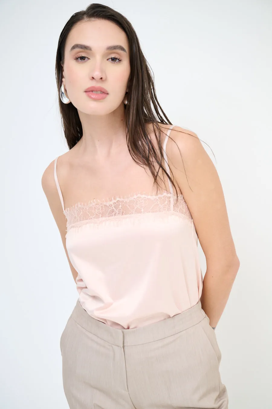 Lace trim satin camisole top wholesale