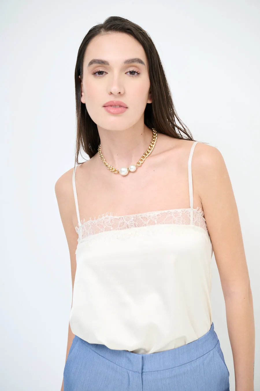 Lace trim satin camisole top wholesale