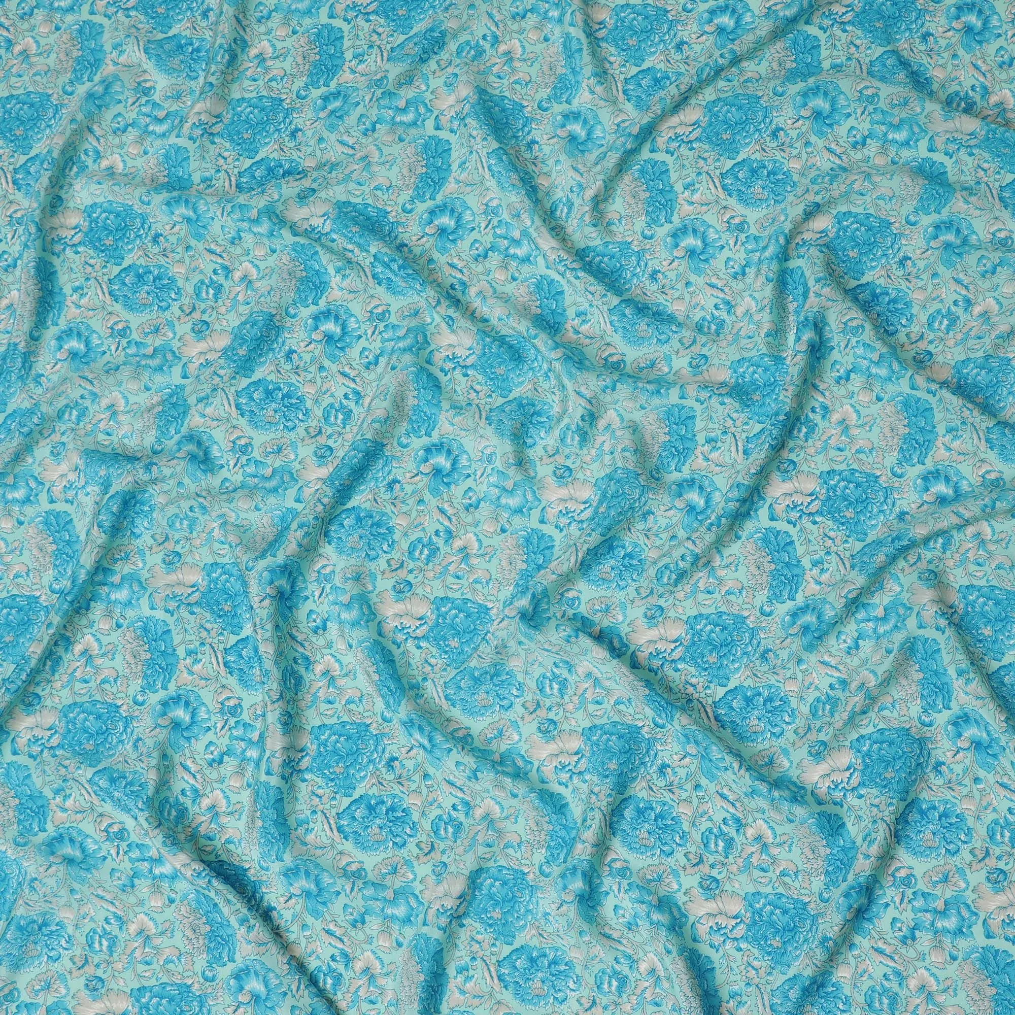 Luxurious Aqua Blue Floral Pure Silk Crepe Fabric - Buy in Meters for Elegant Drapery Online-D18183