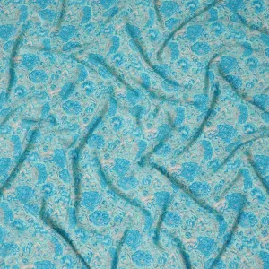 Luxurious Aqua Blue Floral Pure Silk Crepe Fabric - Buy in Meters for Elegant Drapery Online-D18183