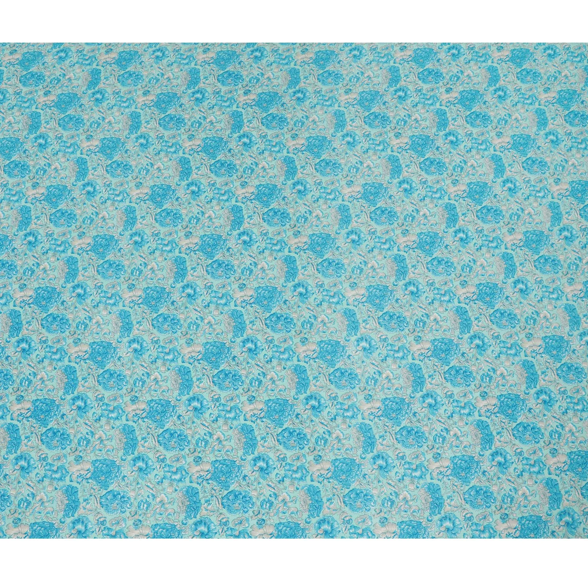 Luxurious Aqua Blue Floral Pure Silk Crepe Fabric - Buy in Meters for Elegant Drapery Online-D18183
