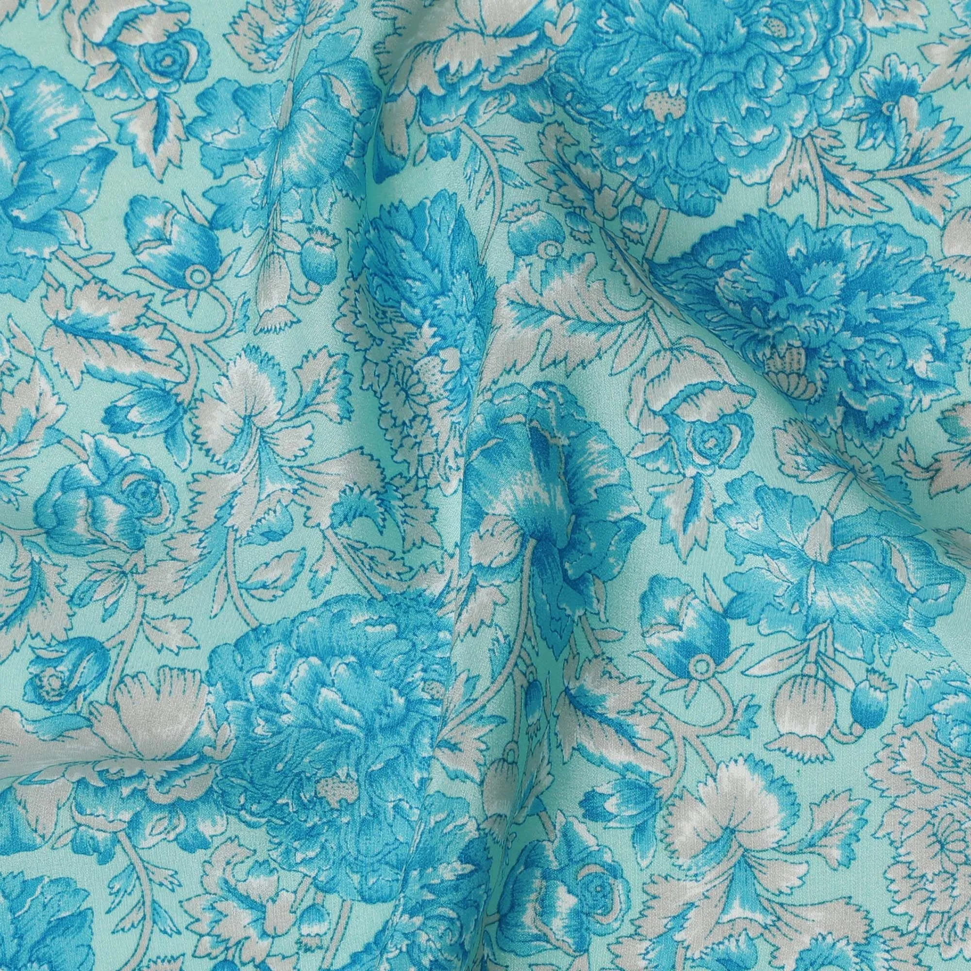 Luxurious Aqua Blue Floral Pure Silk Crepe Fabric - Buy in Meters for Elegant Drapery Online-D18183