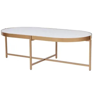 Modern Glam Oval Coffee Table Soft Gold Metal Mother of Pearl Top 54 inch