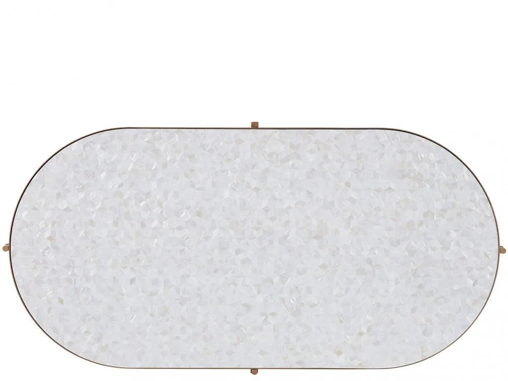 Modern Glam Oval Coffee Table Soft Gold Metal Mother of Pearl Top 54 inch