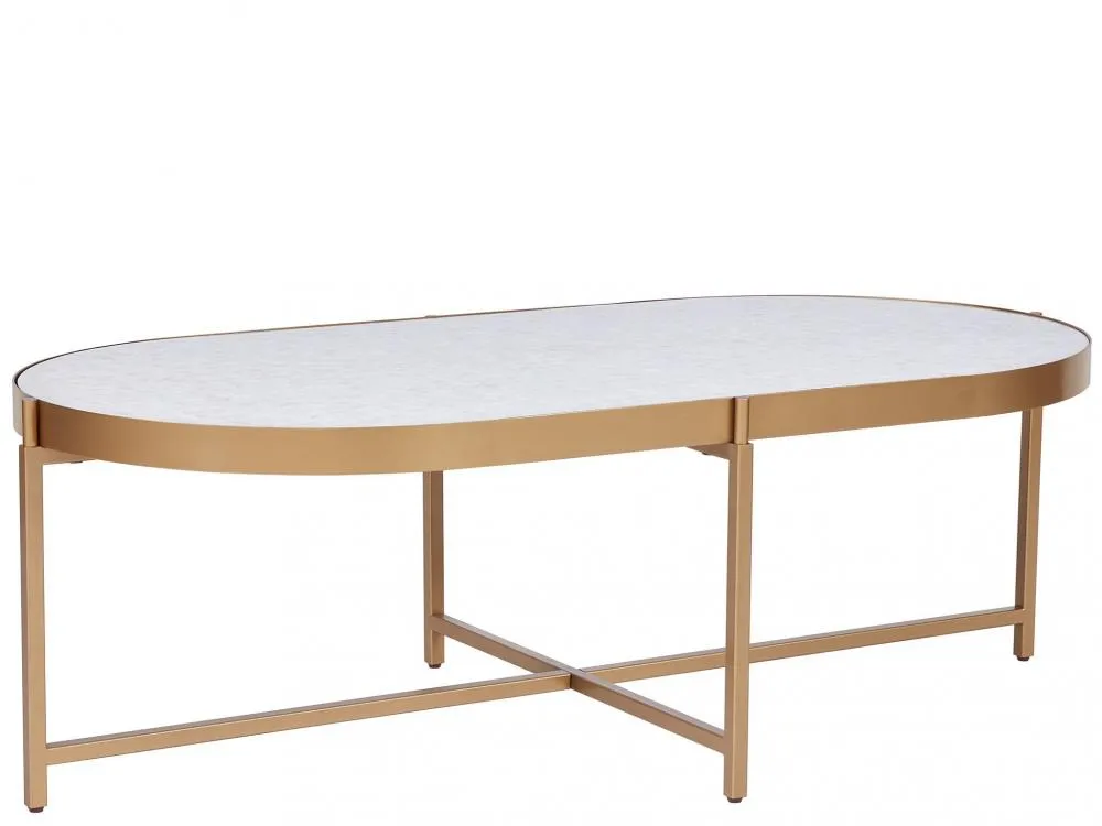 Modern Glam Oval Coffee Table Soft Gold Metal Mother of Pearl Top 54 inch