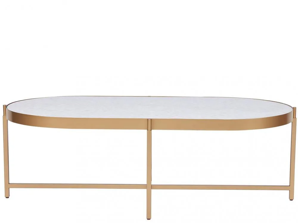 Modern Glam Oval Coffee Table Soft Gold Metal Mother of Pearl Top 54 inch